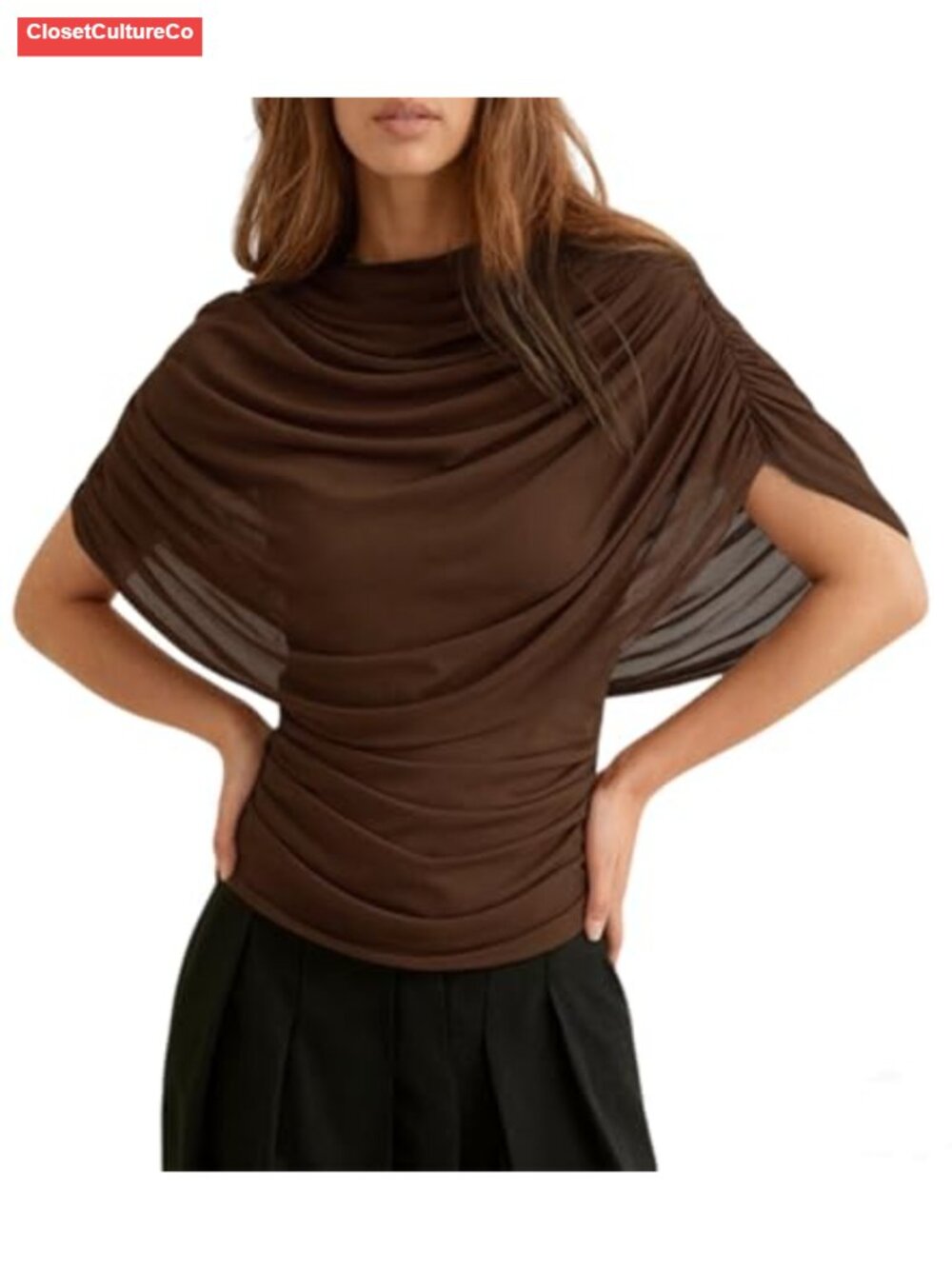 Women Ruched Mesh Cape Short Sleeve Draped Boat Neck Blouse Slim Fit Y2K Top